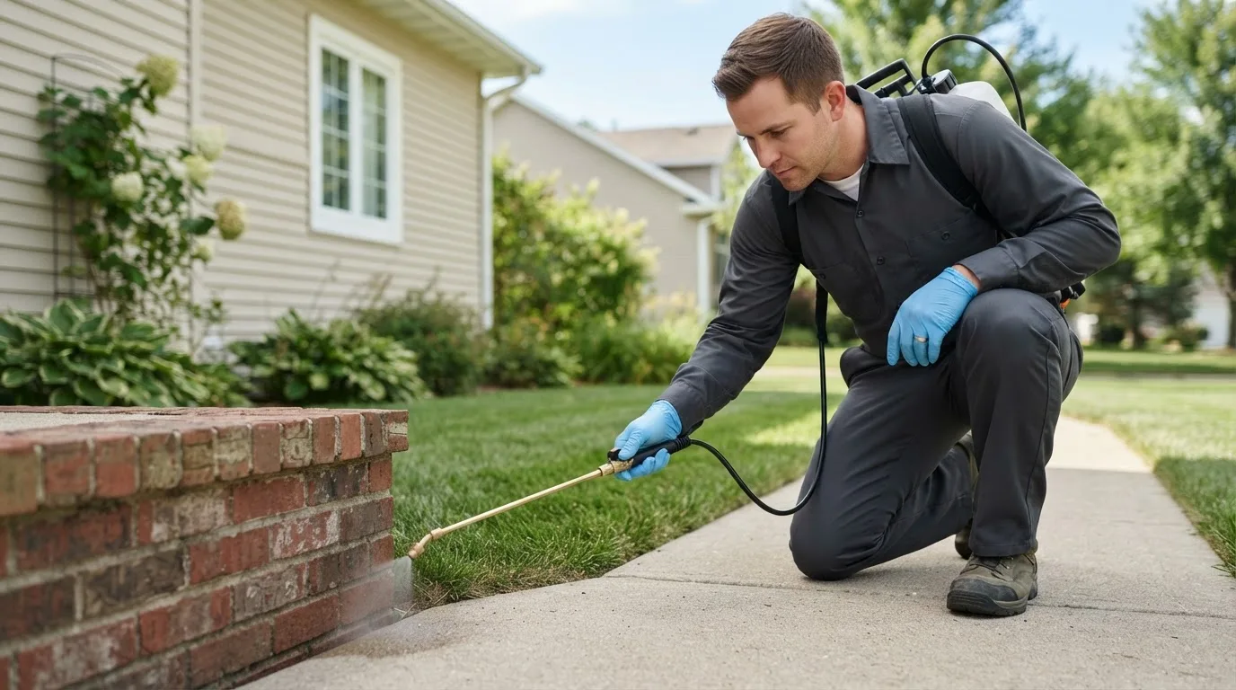 Pest control technician treating a home near Blue Ridge, TX